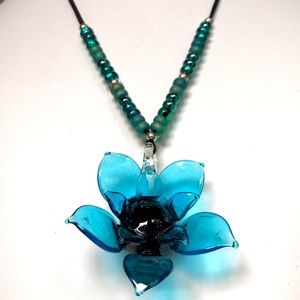 Blue glass flower necklace